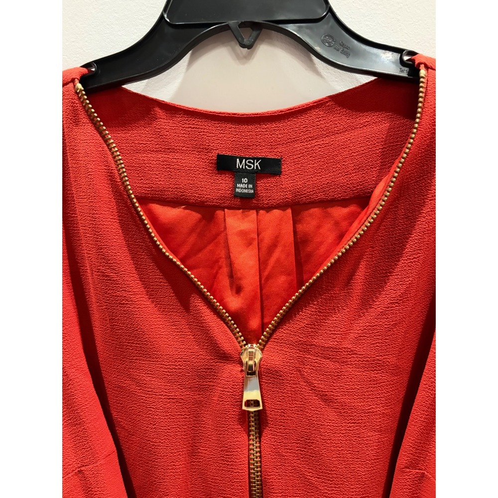 MSK Women Orange Red Textured Crepe Zip Front Tie Waist Blouson Sleeve Dress 10